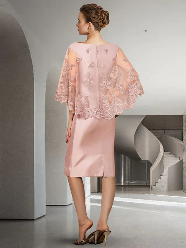 Wholesale Mother of the Bride Dress Elegant Jewel Neck Knee Length Lace Satin Half Sleeve with Appliques